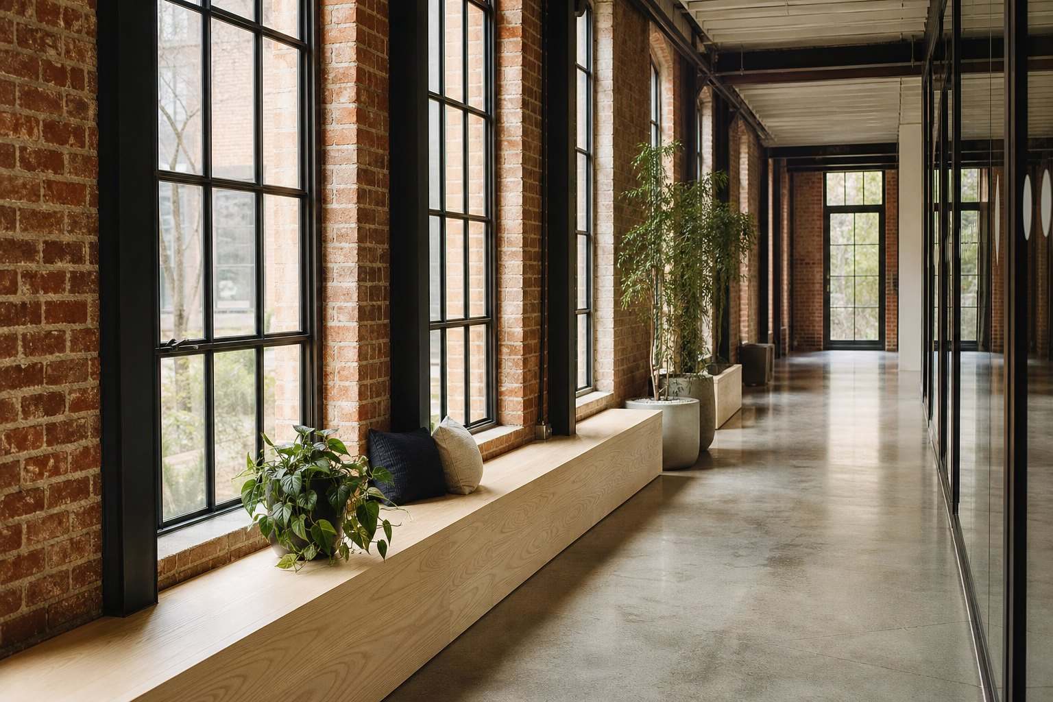 A bright corridor with timber benches and tall windows